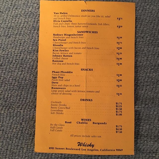 Whisky A GoGo menu circa 1979